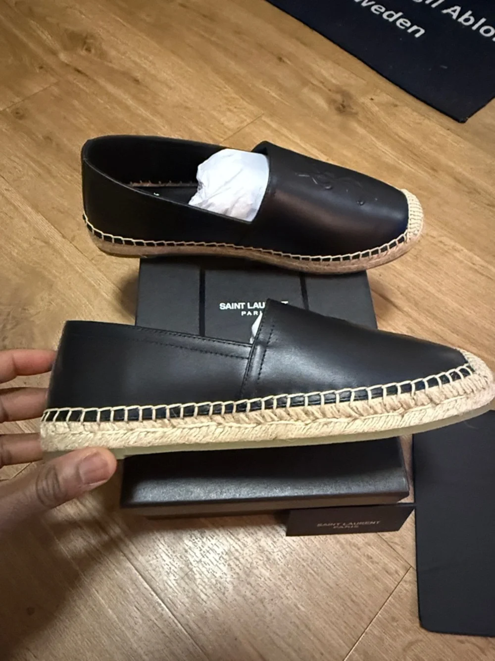 Saint Laurent Black Leather Espadrille Slip-Ons with Natural Raffia Toe - Picture 3 of 4
